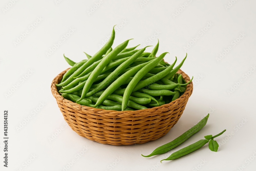 Fresh Green Beans Arranged in a Basket Showcasing Vibrant Colors on a White Background Fresh Green Beans Arranged in a Basket Showcasing Vibrant Colors on a White Background