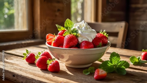 Fresh Strawberries and Whipped Cream Served in a Bowl on a Rustic Wooden Table