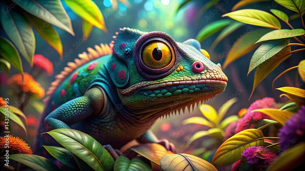 Obraz premium Cute 3D Chameleon with Big Eyes in Vibrant Forest - Stock Photo