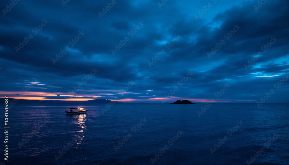 Fototapeta premium Evening boat reflects light on calm water as twilight blankets quiet island landscape