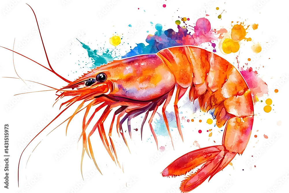 custom made wallpaper toronto digitalVibrant watercolor illustration of a shrimp with splashes of color in the background