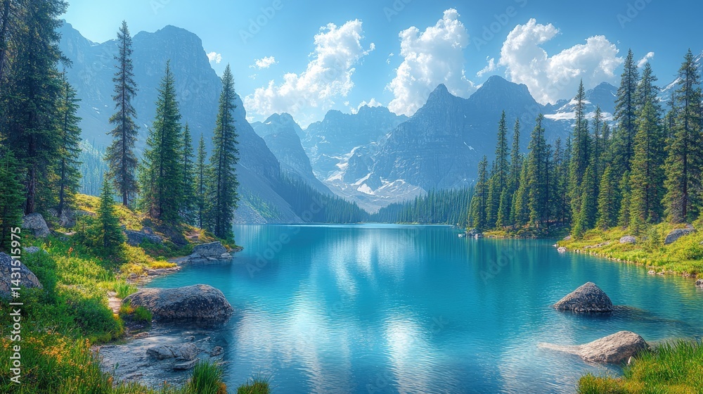 Fototapeta premium Lake surrounded by trees and mountains under a bright sky.