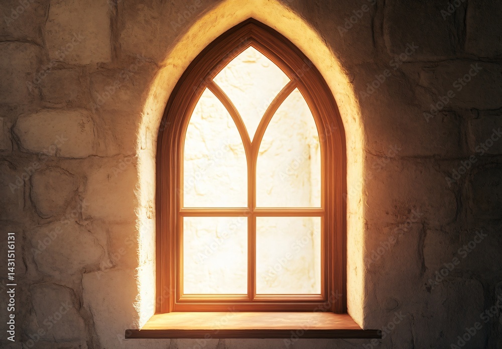 Illuminated gothic window design historic building architectural element cozy interior eye-level view aesthetic beauty and serenity Illuminated gothic window design historic building architectural element cozy interior eye-level view aesthetic beauty and serenity