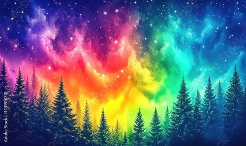A row of dark green pine trees stand in front of a colorful sky filled with stars