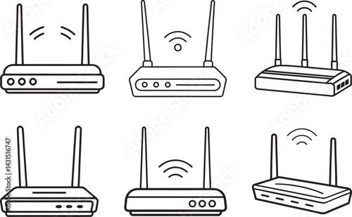 set of modern wifi router with antennas line art, black outline, vector and illustration, coloring book page line art drawing
