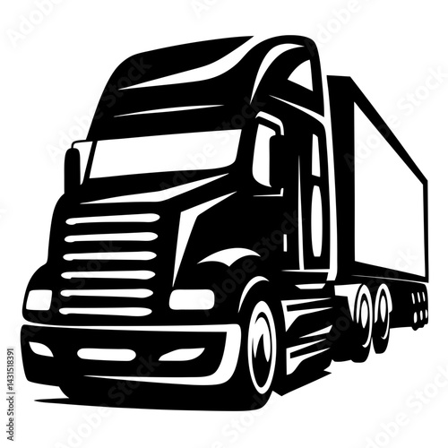 Bold monochrome illustration of a semi truck transporting goods across country