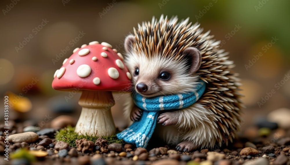 Obraz premium A cute hedgehog wearing a tiny scarf, snuggling beside a colorful mushroom.