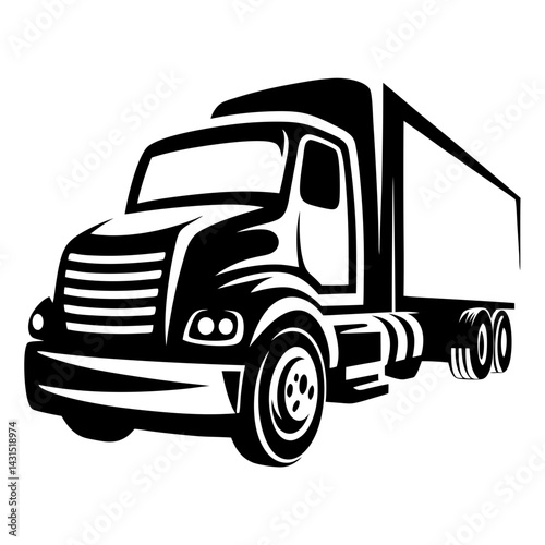 Stylized monochrome illustration of a semi truck with trailer on white backdrop