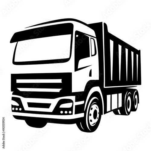 A bold black and white illustration of a modern dump truck