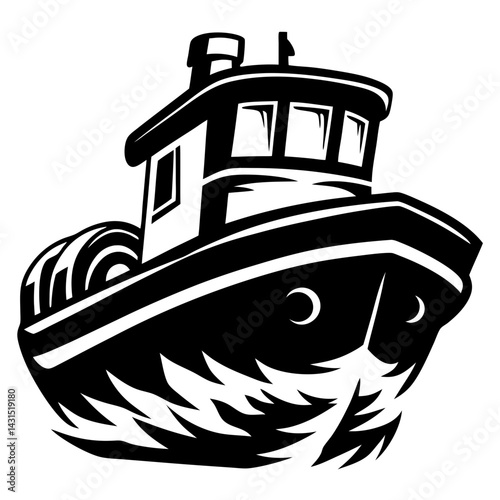 Stylized Black and White Illustration of a Fishing Boat Trawler in Action
