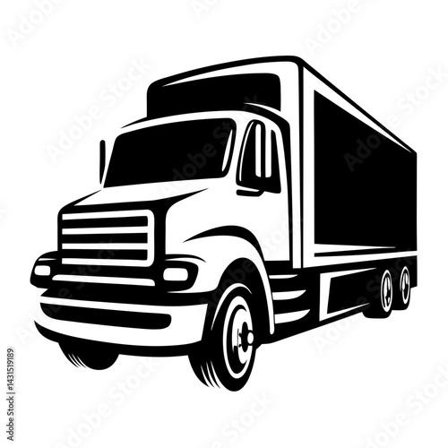 Black and white vector illustration of a freight delivery truck on white
