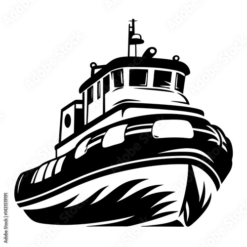 Monochrome illustration of a bold and stylized tugboat on white background