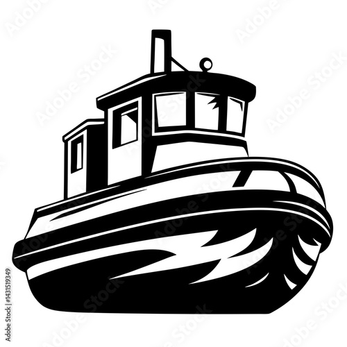 Dramatic black and white cartoon illustration of a maritime tugboat vessel
