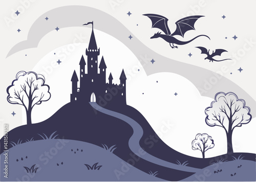 Enchanted Castle Silhouette Majestic Dragons Soar Above Hilltop