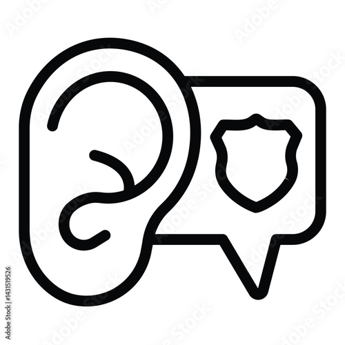 Ear with police badge popup window line icon, law and order concept. Vector graphics. Police siren sound bubble sign on white background, style for mobile or design.