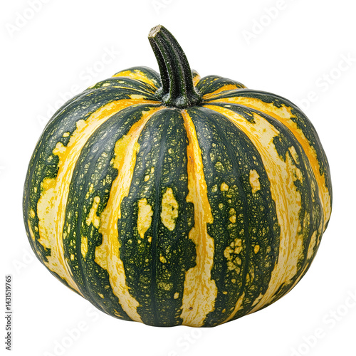 Small yellow pumpkin with green stem on white background, stems, tiny pumpkins