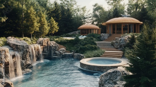 Luxurious spa retreat nestled in woods, waterfalls, pool