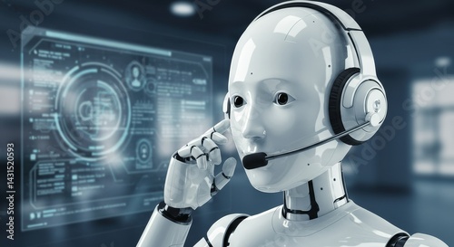 AI Customer Service Robot - A futuristic white robot with a headset provides customer support, displayed on a digital screen.  Modern technology concept.
