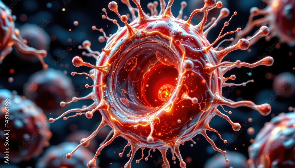 Obraz premium A detailed depiction of a cell undergoing apoptosis with elegant swirling particles.