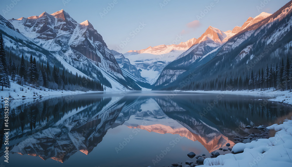 Obraz premium Lake Louise Reflecting Snow Covered Mountains At Sunrise Serene Winter Landscape In Banff National Park Alberta Canada Breathtaking Scenery With Calm Waters