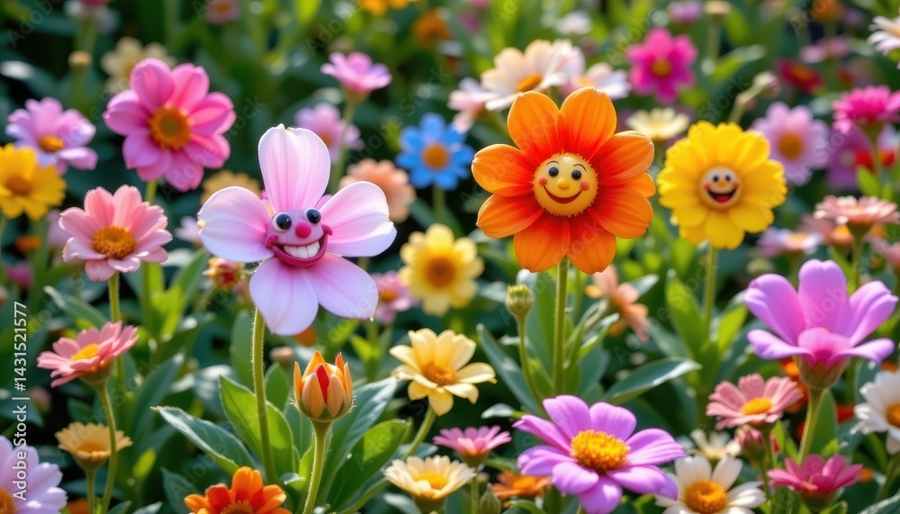 An enchanted garden filled with flowers that have expressive faces and playful designs.