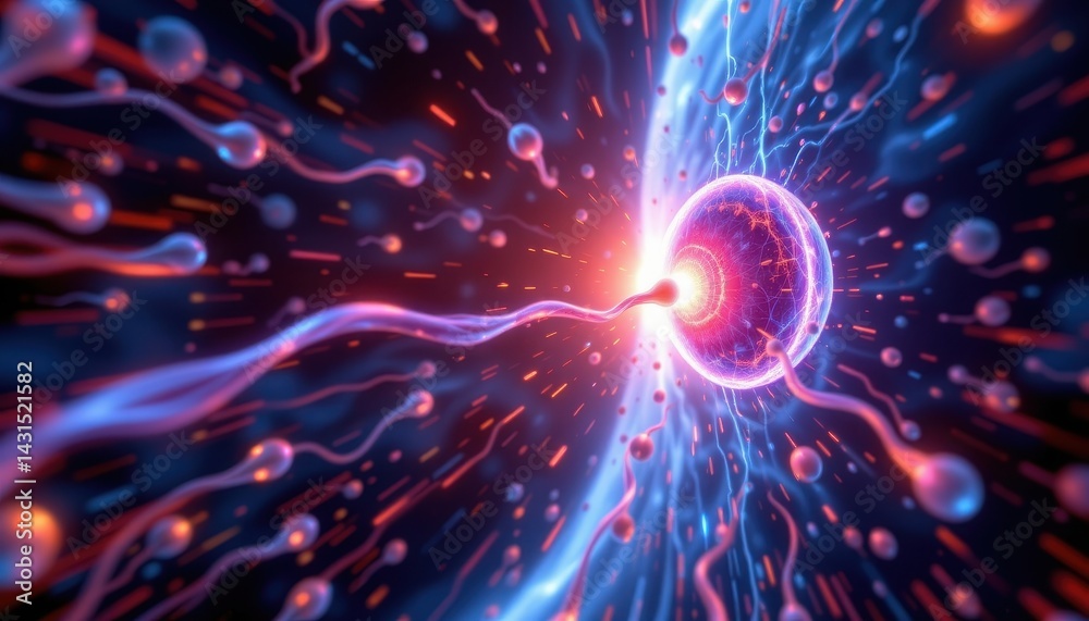 Obraz premium A stunning visualization of sperm cells racing towards an ovum, with a glowing aura.