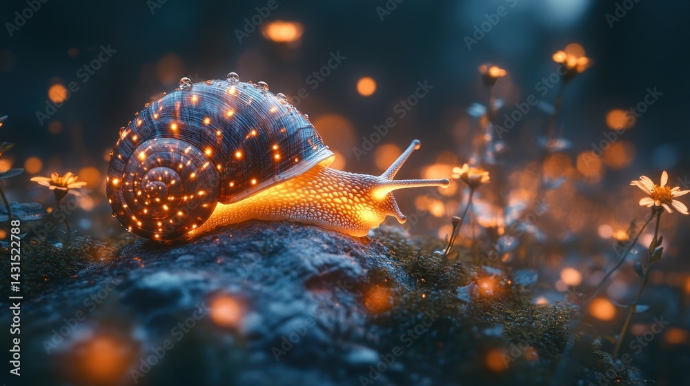 Fototapeta premium Magical glowing snail in a mystical forest