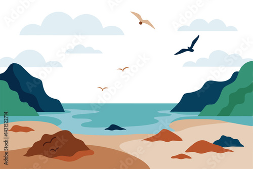 rocky-beach-with-tide-pools--seaweed--and-seagulls.eps
