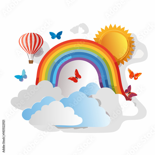 Beautiful fluffy clouds on blue sky background with summer sun, butterfly, hot air balloons and rainbow. Vector illustration. Paper cut style.