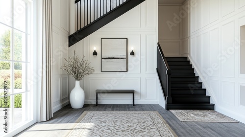 Modern home entryway with grand staircase, natural light, and elegant decor; ideal for interior design
