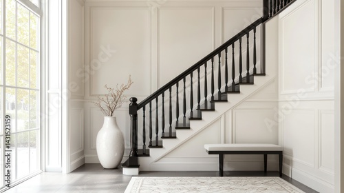 Elegant home entryway staircase  neutral decor  sunlight