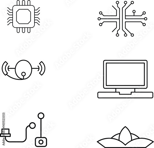 Technology set of web icons in line style. Information technology signs for web and mobile app. IT network system, 5g, communication, computer, chip, web design, software, data center.