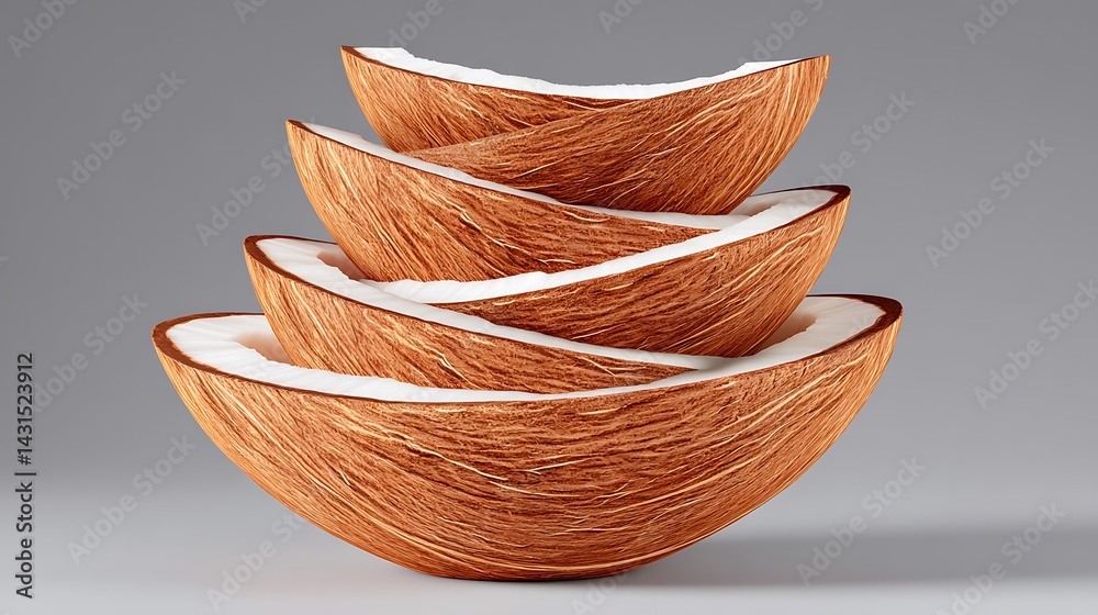 Obraz premium Four halved coconut shells stacked on top of each other, revealing the white flesh inside
