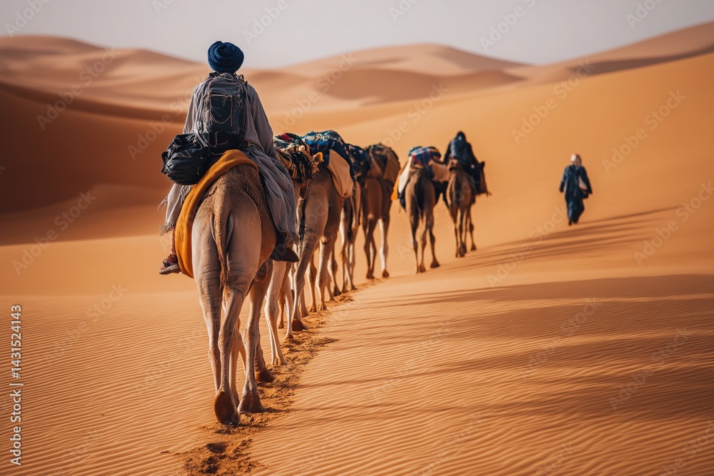 Fototapeta premium Berber Man Leading Camel Caravan Across Sand Dunes