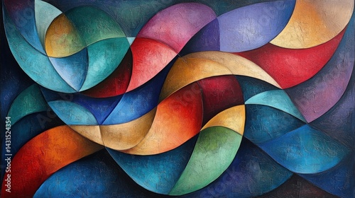 Abstract painting featuring colorful flowing shapes and lines on a dark background.