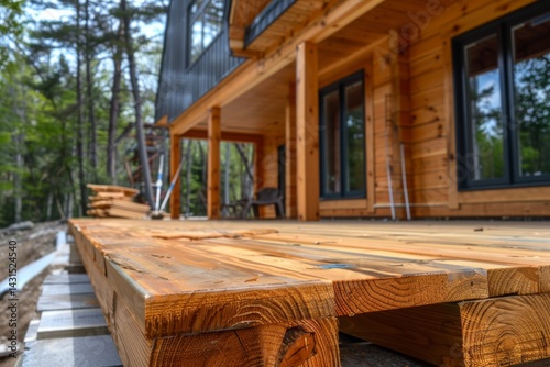 Pine planks get varnish outside new house