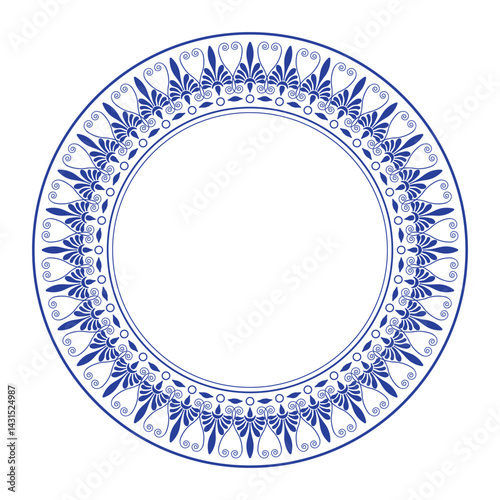 Round blue porcelain plate with arabesques, floral ornament. Patterns of Greece, ancient Rome. Circle european border. Typical egyptian, assyrian, greek motive. For textile, embroidery, porcelain