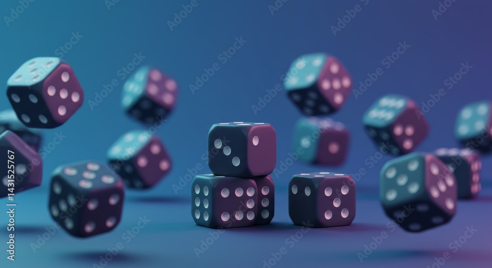 Dice in Motion: A Game of Chance - Multiple dark-colored dice float and fall against a vibrant blue and purple gradient background, creating a dynamic and visually captivating image. Dice in Motion: A Game of Chance - Multiple dark-colored dice float and fall against a vibrant blue and purple gradient background, creating a dynamic and visually captivating image.