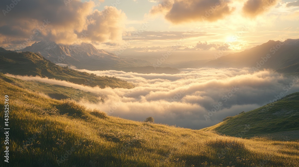 Naklejka premium Sunset over mountain valley, clouds, golden hour, nature scene, landscape