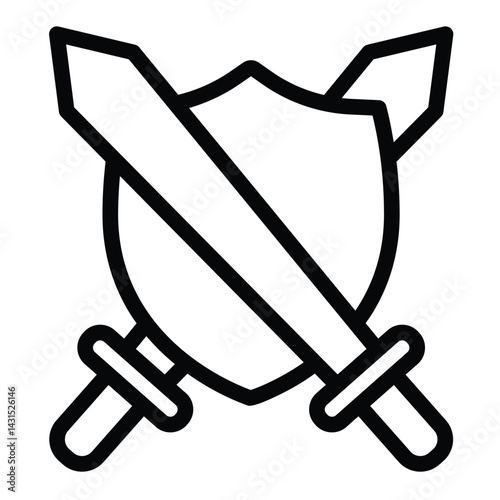 Two medieval swords and shield line icon, city museum concept. Vector graphics. Shield with blades, historical items sign on white background, style for mobile or design.