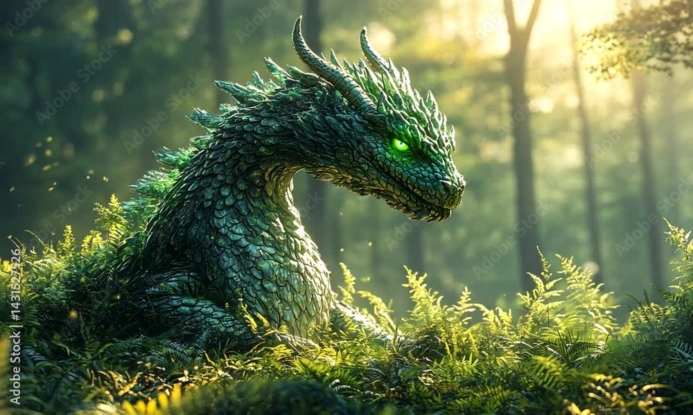 Majestic green dragon resting among lush ferns in a sunlit forest, evoking a sense of fantasy