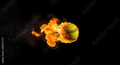 Fiery Softball Flight - A softball engulfed in flames streaks across a black background. Perfect for sports, energy, and competition themes photo