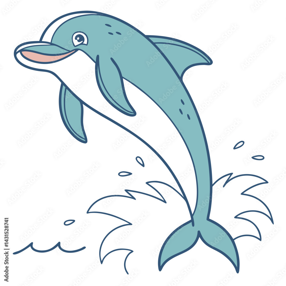 Naklejka premium Cute Cartoon Dolphin Splashing in Ocean Illustration