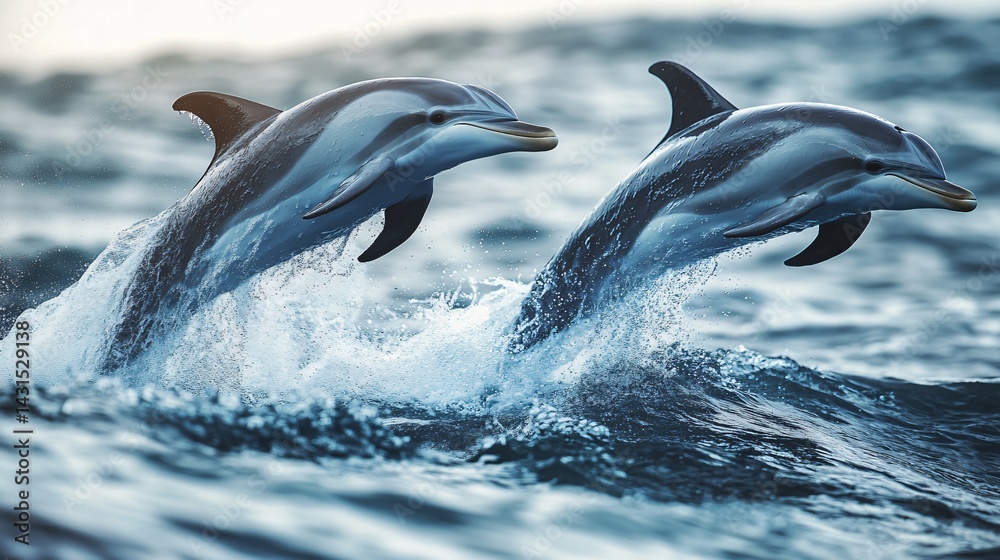 Fototapeta premium Dolphins leaping gracefully ocean waves wildlife photography marine environment side view capturing joyful moments