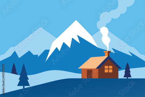 snowy-mountain-cabin-with-smoke-rising-at-dawn--.eps