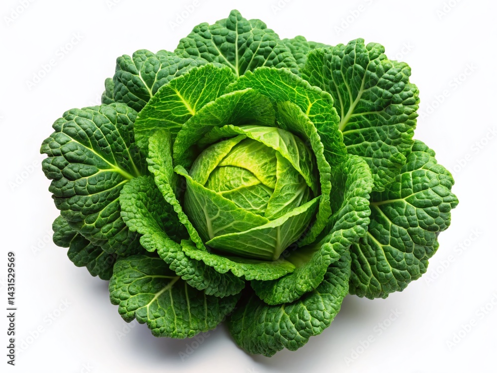 Obraz premium Aerial View Single Fresh Green Cabbage Isolated White Background