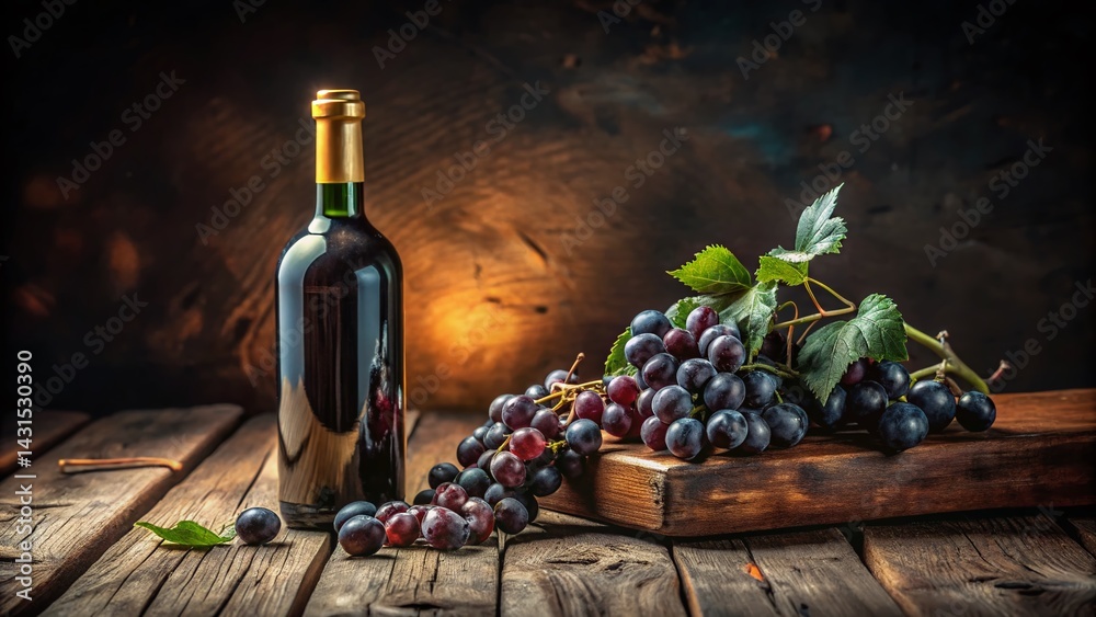Obraz premium AI Generated Still Life: Wine Bottle, Grapes, and Shadows – Documentary Photography Style