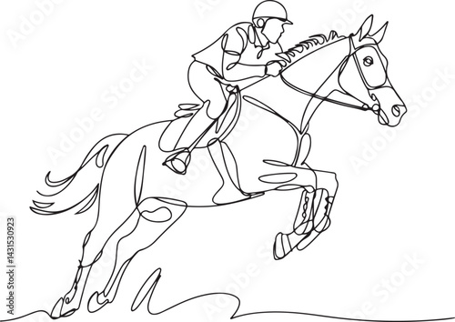 Minimalist continuous line drawing of a horse rider leaping midair on a powerful horse in equestrian sport style with black vector lines on a white background