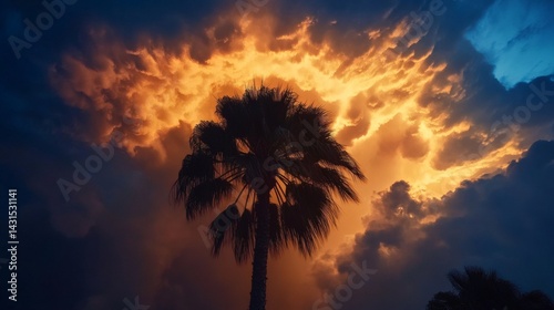 Dramatic sunset, palm tree silhouette, fiery cloudscape, tropical location, nature photography