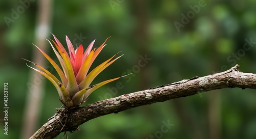 Vibrant plant on branch with blurred green background